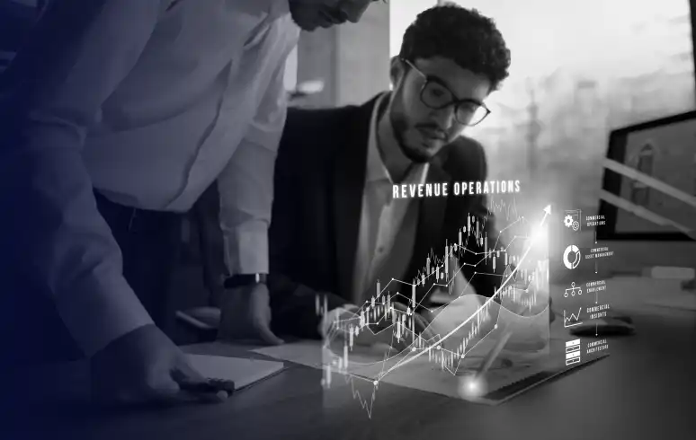 Business professionals analyzing revenue operations data with holographic financial charts and AI-powered analytics overlay