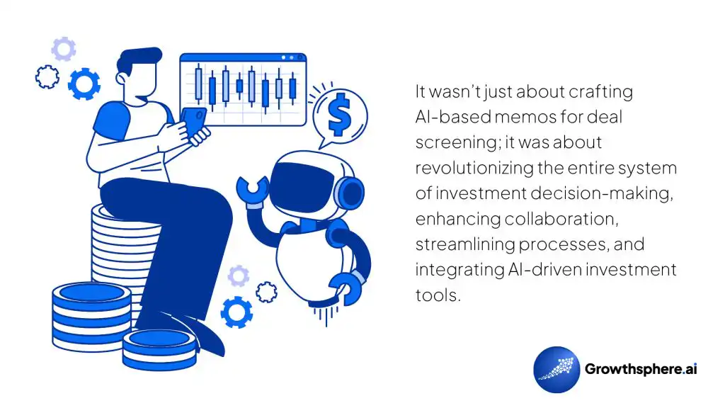 Analyst and AI robot collaborating on investment analysis with financial data and charts