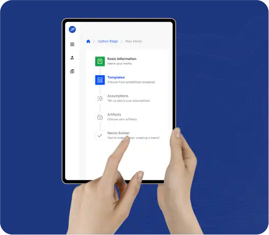 User navigating Growthsphere Memo-as-a-Service interface on tablet, selecting memo builder workflow with steps for templates, assumptions, and artifacts.