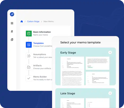 Growthsphere's MaaS interface showing investment memo builder with early-stage and late-stage template options for AI-generated diligence workflows.