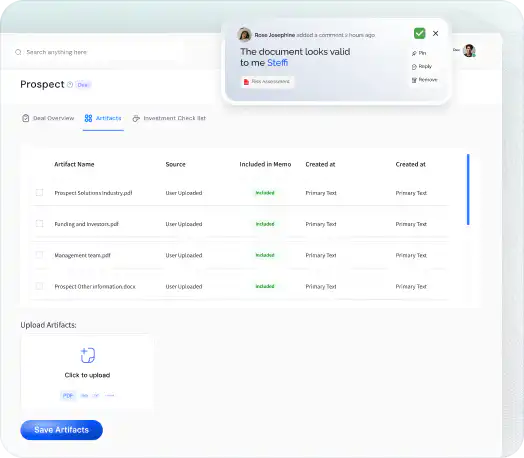 Growthsphere's memo builder interface showing artifact upload and inclusion workflow with team comment validating document relevance.