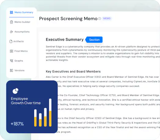 Growthsphere's Memo-as-a-Service interface showing a prospect screening memo with executive summary and employee growth chart indicating 187% increase.