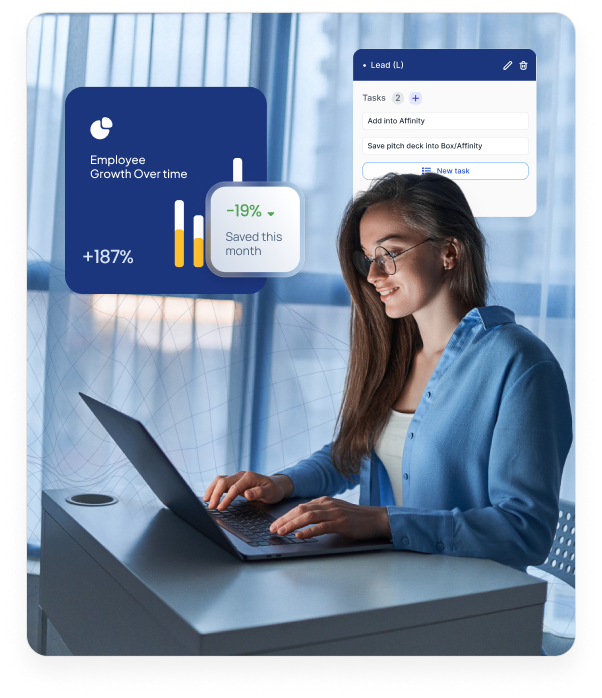 Professional working on laptop with overlay showing employee growth analytics, task tracking, and 19% time savings, illustrating Growthsphere’s impact on investor workflows.