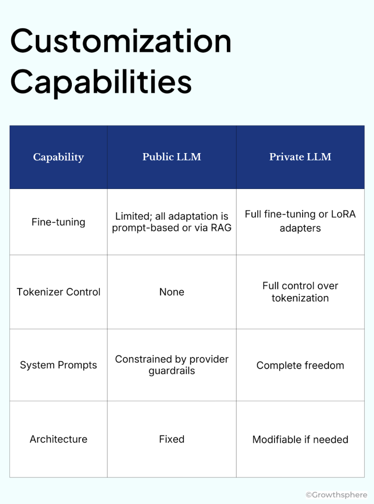 Comparison table of customization capabilities between public and private LLMs showing fine-tuning, tokenizer control, system prompts, and architecture flexibility