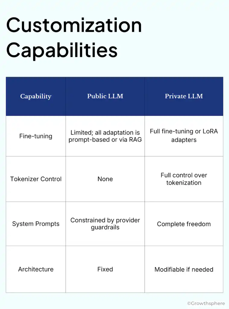 Comparison table of customization capabilities between public and private LLMs showing fine-tuning, tokenizer control, system prompts, and architecture flexibility