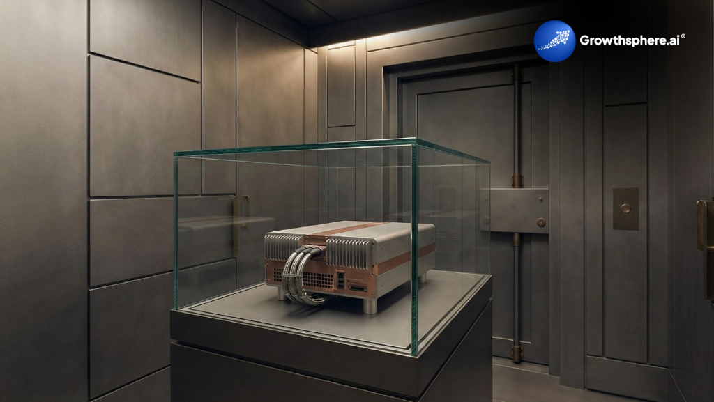 Private LLM server infrastructure displayed in secure glass case showing GPU hardware for institutional investment firms